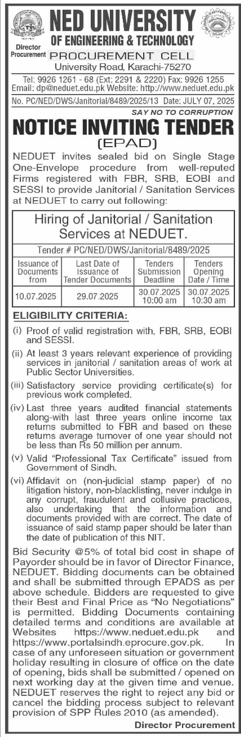 Ned University of Engineering & Technology Karachi Tender Notice